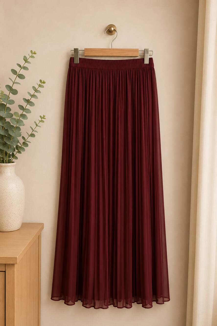 Burgundy Pleated Midi Skirt Elastic Waist